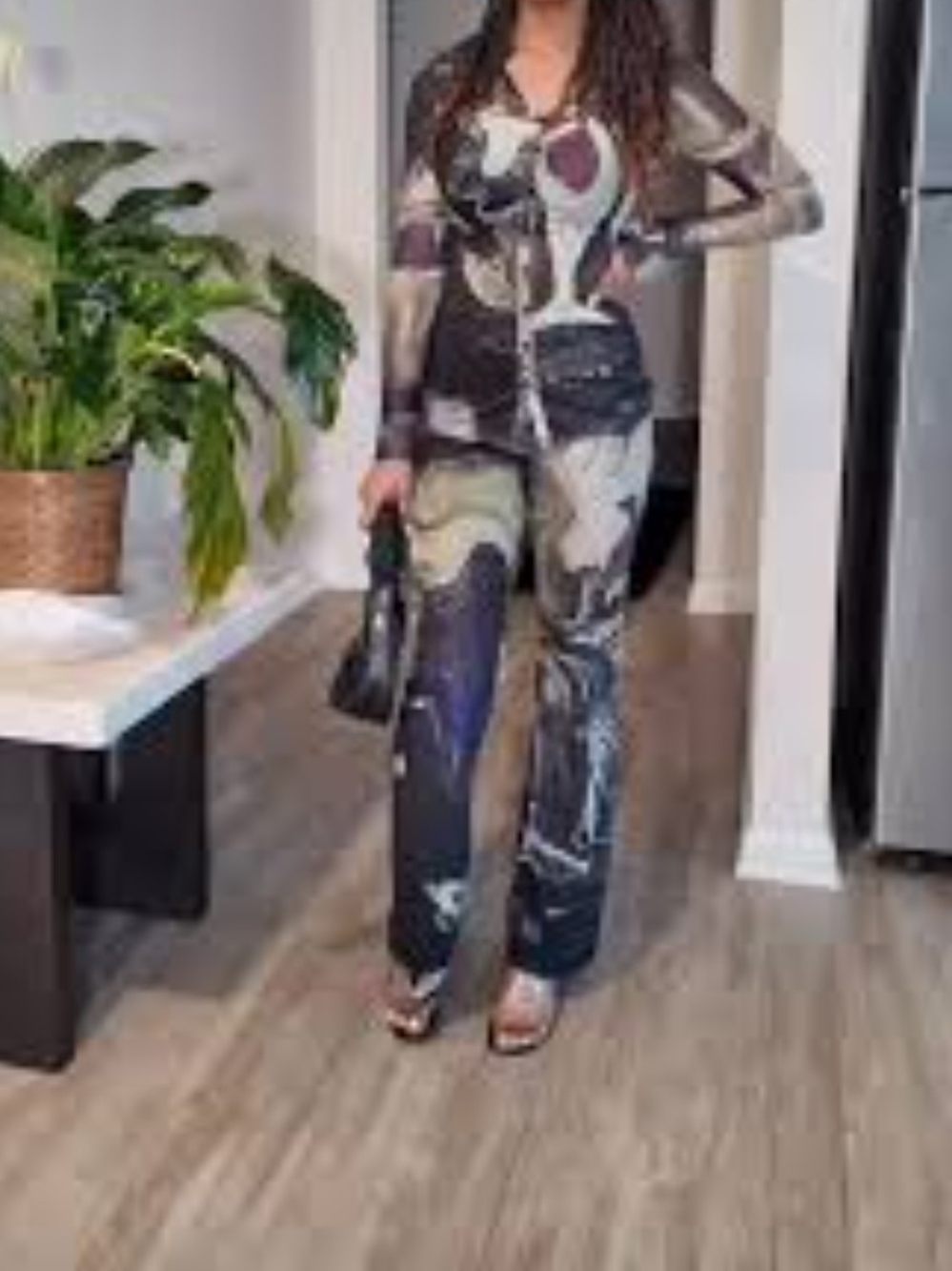 Abstract Print Wide-Leg 2 Piece Pants Set in Black and Multi